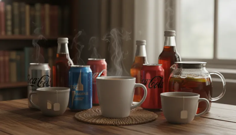 Une photo d'une tasse de café fumante entourée de diverses boissons caféinées comme des canettes de 