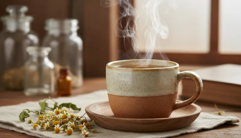 Une photo d'une tasse de tisane de camomille romaine fumante avec quelques fleurs séchées à côté.
