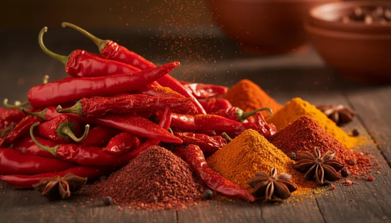 Une photo en gros plan de piments rouges vifs et de diverses épices fortes moulues