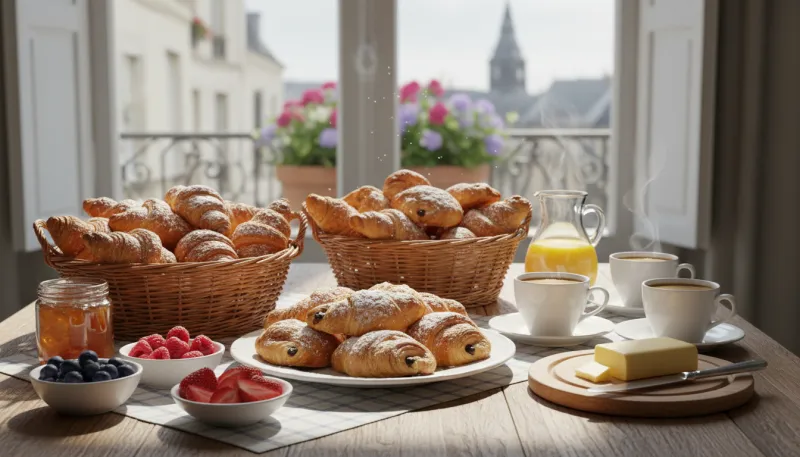 une photo réaliste de croissant et de pains au chocolat sur une table de petit déjeuner