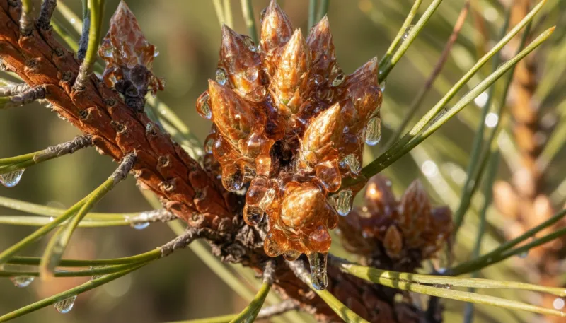 Une photo en gros plan de bourgeons de pin sylvestre recouverts de résine, sur une branche d'arbre