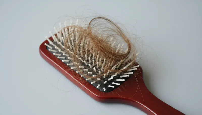 Une photo de quelques cheveux tombés sur une brosse à cheveux, sur un fond uni