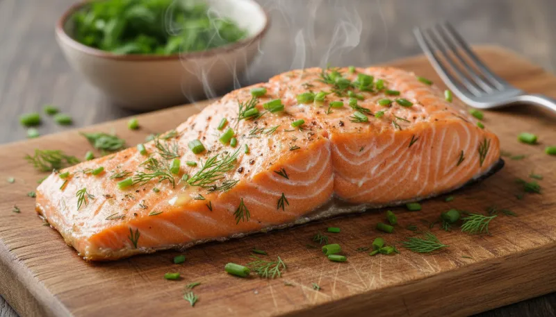 Un gros plan d'un pavé de saumon cuit, parsemé d'herbes fraîches comme l'aneth et la ciboulette.