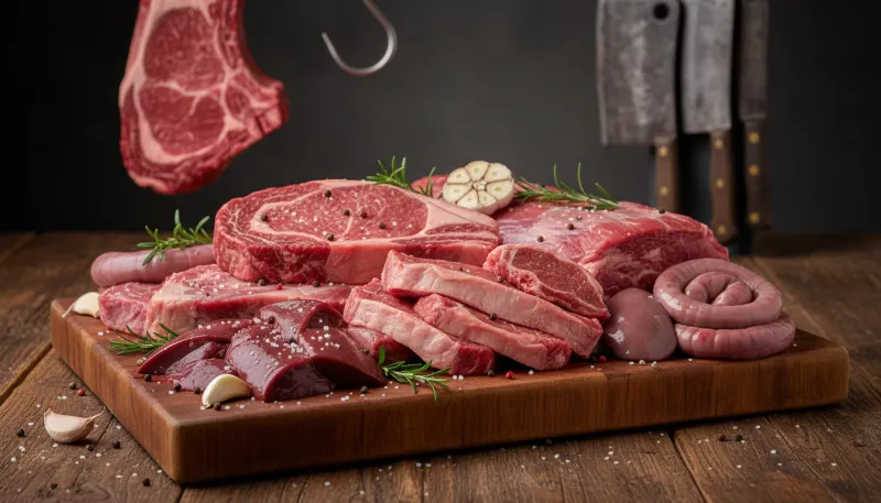 Une photo d'une variété de viandes rouges crues et d'abats sur une planche à découper
