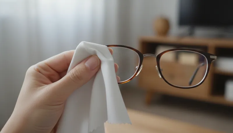 Gros plan sur une main tenant un chiffon sec en train d'essuyer la surface d'une paire de lunettes