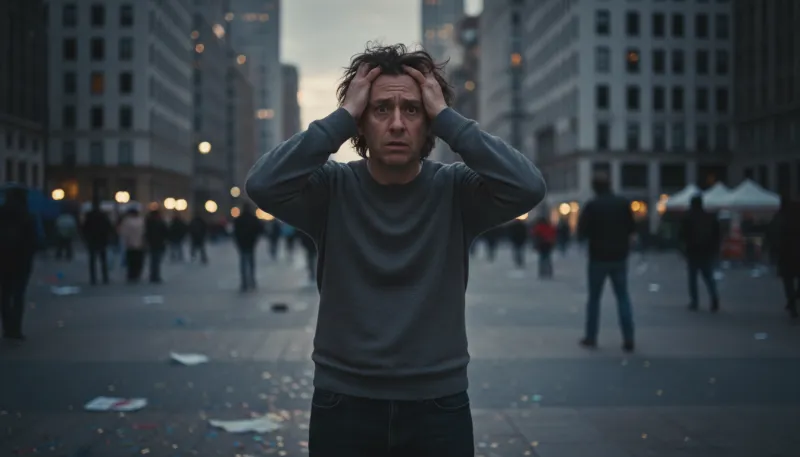 Photo réaliste d'une personne qui paraît un peu désorientée et qui se tient la tête