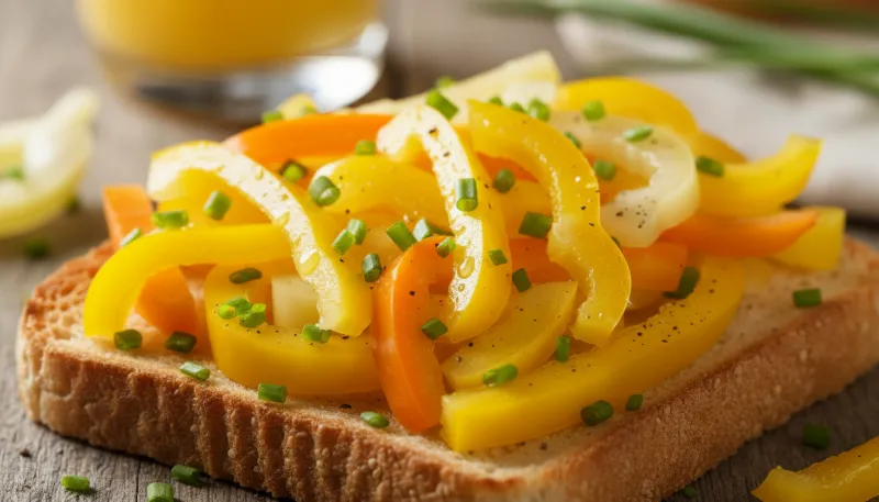 Une photo en gros plan et appétissante de toasts garnis de poivrons jaunes frais et colorés.