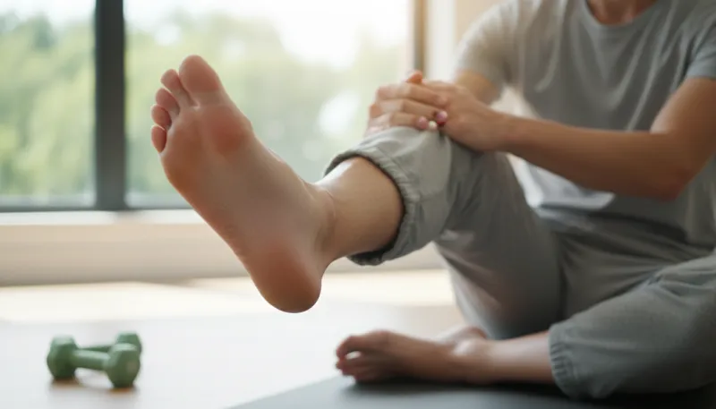 Gros plan sur une personne assise effectuant une rotation de la cheville, le pied étant en l'air