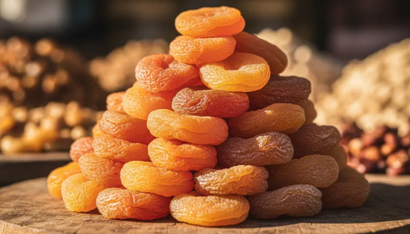 Une photo en gros plan d'abricots secs, empilés pour souligner leur concentration.