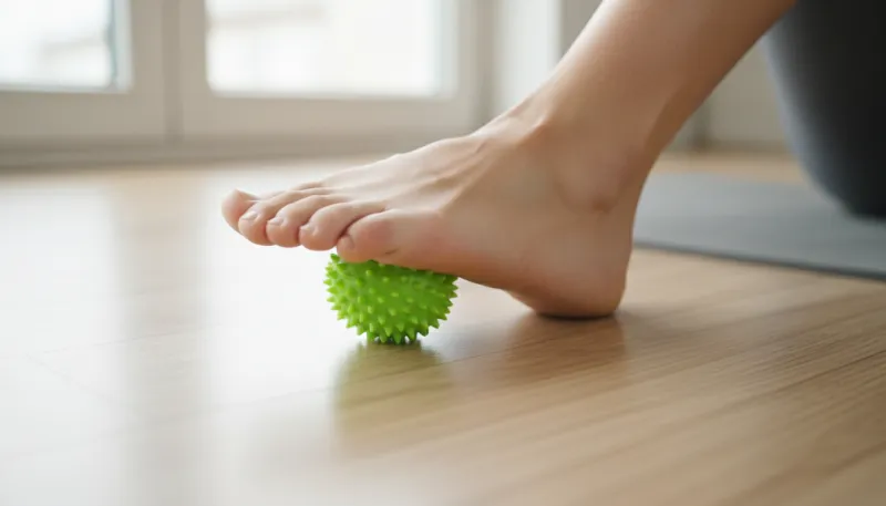 Un gros plan du pied nu d'une personne faisant rouler une petite balle (comme une balle de tennis ou