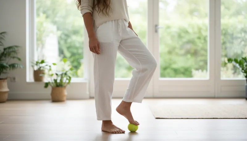 femme debout, pieds nus, une balle de tennis sous un de ses pieds