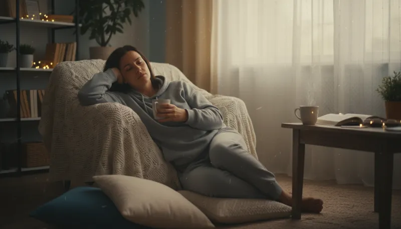 Photo d'une personne allongée ou assise confortablement, montrant des signes subtils de fatigue pers