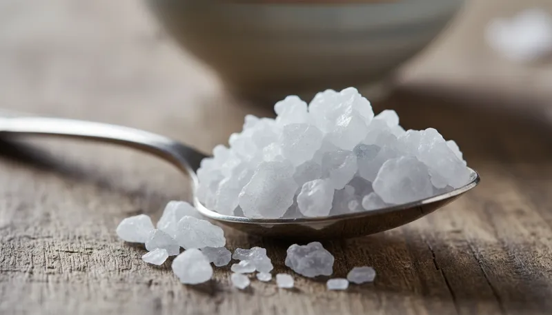 Une photo en gros plan d'une petite cuillère contenant des cristaux de sel de mer