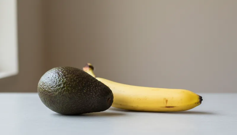 Une photo d'un avocat entier et d'une banane entière côte à côte sur une surface neutre