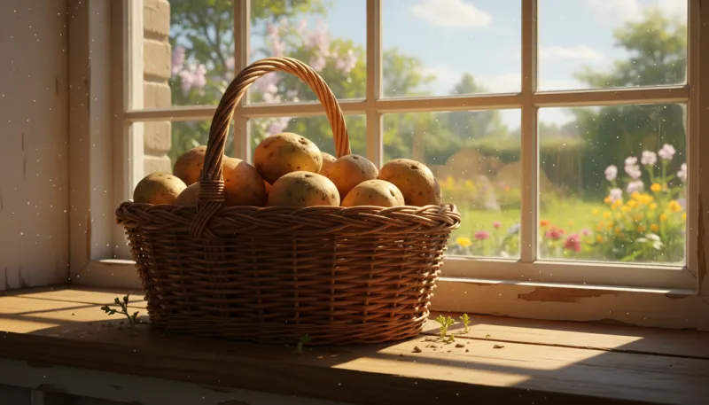 Un panier de pommes de terre posé sur un rebord de fenêtre ensoleillé