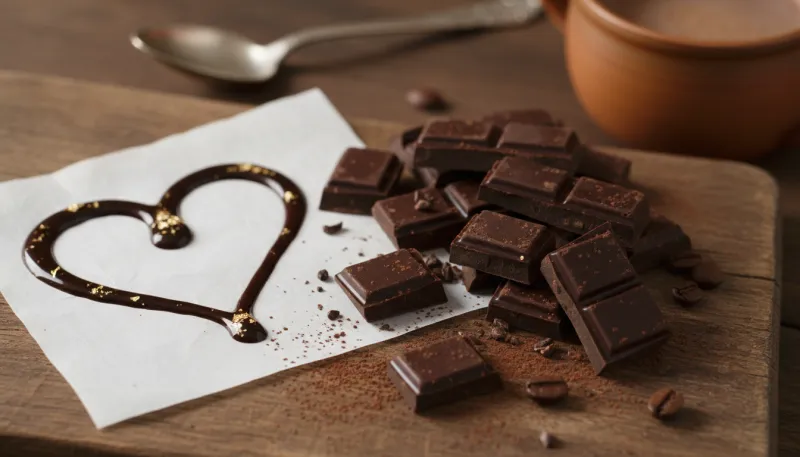Une photo de carrés de chocolat noir à côté d'un symbole de cœur stylisé.