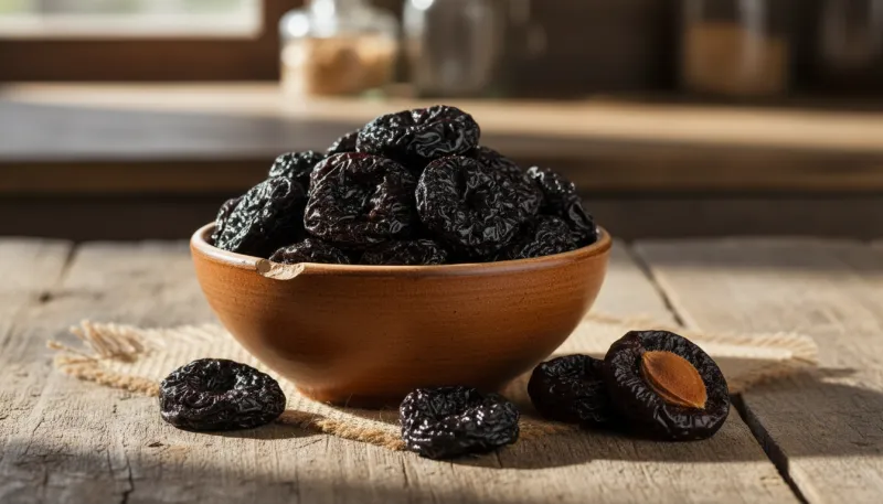 Une photo de pruneaux secs dans un petit bol