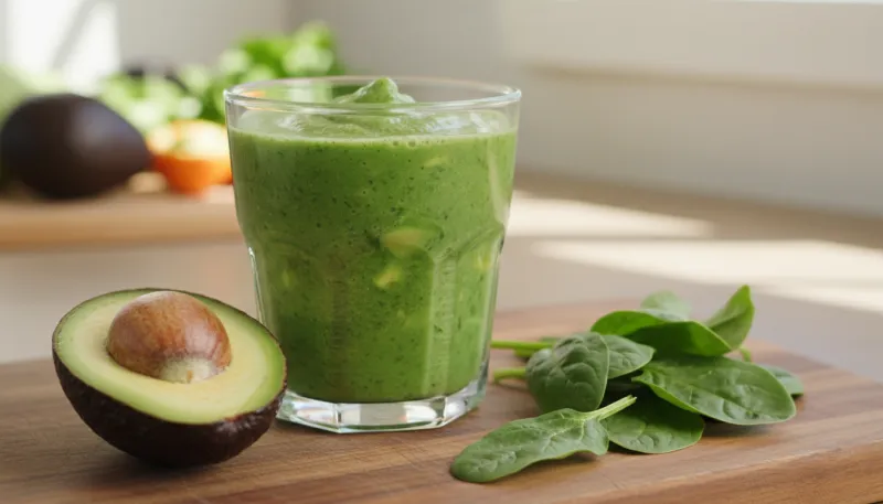 Un verre de smoothie vert vif avec des épinards frais et un avocat coupé à côté