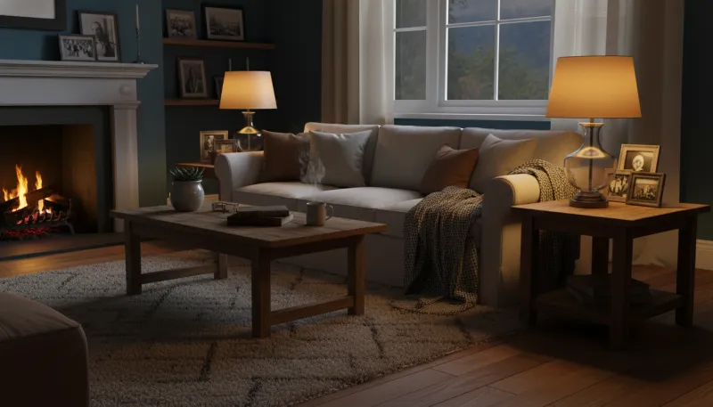 Un intérieur cosy éclairé par une lampe tamisée