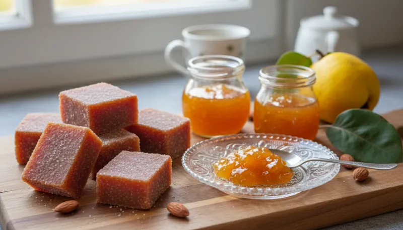 Une photo de pâte de coing et de gelée de coing présentées sur une planche ou une assiette
