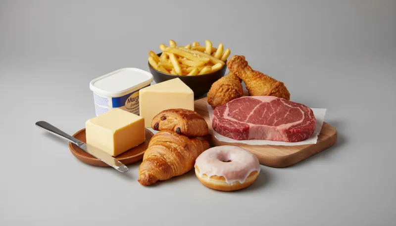Une photo simple d'aliments courants riches en graisses saturées et trans, comme des viennoiseries, 