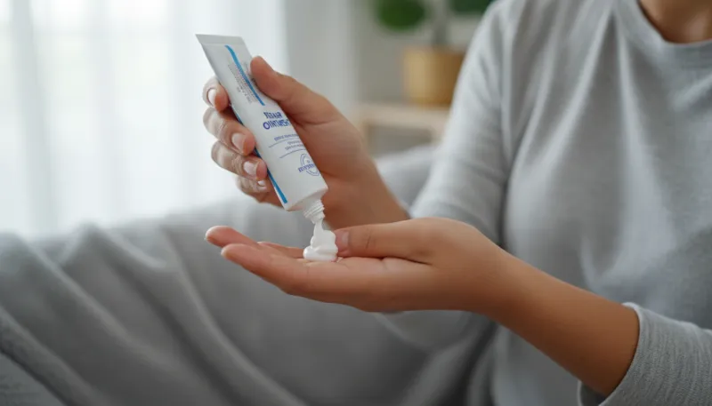 personne qui s'applique une pommade sur le coude