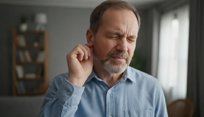 photo réaliste d'un homme de 40 ans qui se touche l'oreille car elle est douloureuse