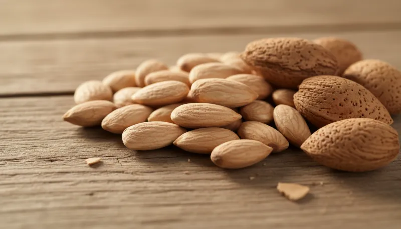 Une photo d'un gros plan d'amandes décortiquées et quelques amandes encore dans leur coque sur une s
