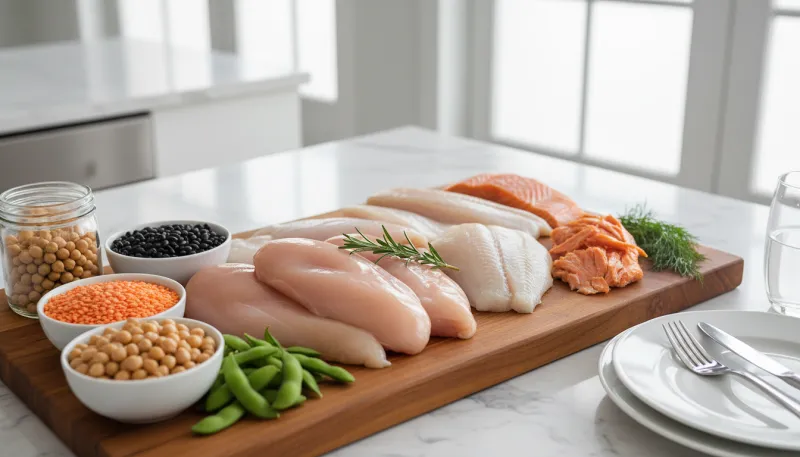 Un gros plan d'un assortiment de protéines maigres, comme de la poitrine de poulet, du poisson et de