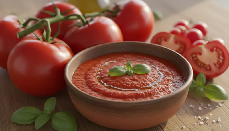 Des tomates fraîches et un bol de sauce tomate rouge riche