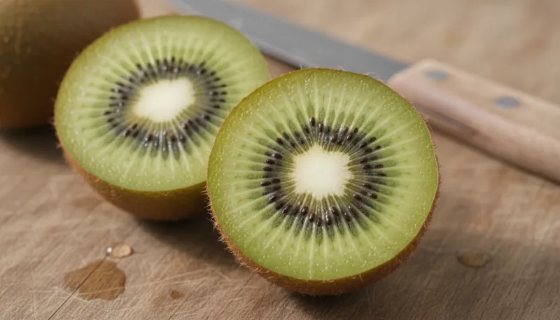 Une photo d'un kiwi frais coupé en deux, mettant en valeur sa chair verte et ses graines noires.