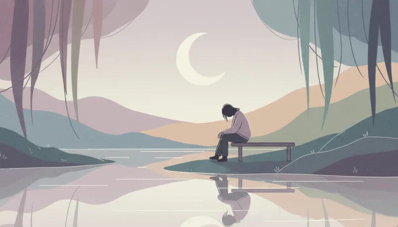 Une illustration simple d'une personne assise seule, dans des couleurs douces et tamisées, suggérant