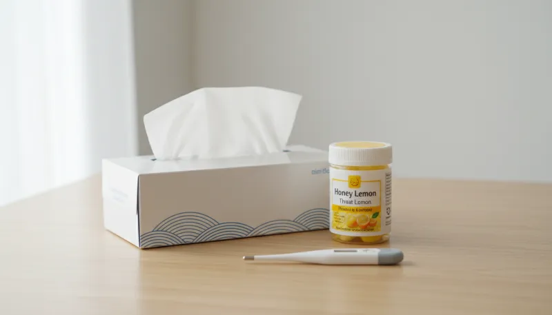 Une photo simple et propre d'une boîte de mouchoirs, de pastilles pour la gorge et d'un thermomètre 