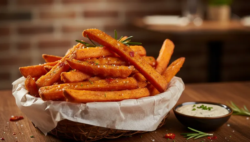 Une photo de frites de patate douce, très orange et appétissantes.