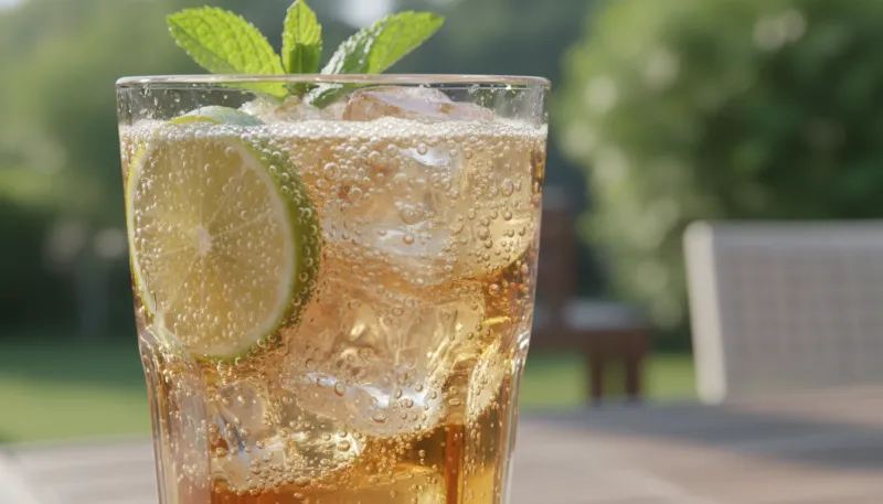 Un verre rempli de boisson gazeuse pétillante avec des bulles montantes et de la glace