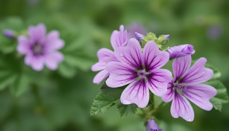 Une photo en gros plan de fleurs de mauve (Malva sylvestris) violettes, sur fond vert