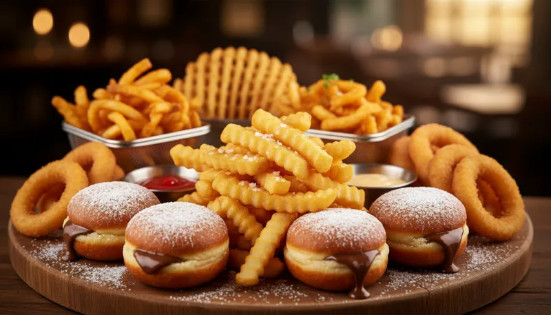 Une photo d'un assortiment appétissant de plats frits, comme des frites croustillantes et des beigne