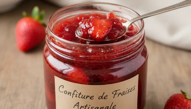 Une photo en gros plan d'un pot de confiture de fraises maison, la texture épaisse et sucrée étant b