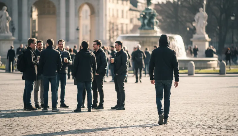 Une personne seule s'éloignant d'un groupe de personnes dans un espace public
