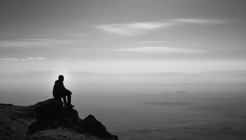 Une photo d'une simple silhouette assise seule, regardant un vaste espace monochrome