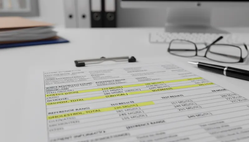Une photo d'un rapport d'analyse médicale ou d'un tableau de résultats de laboratoire avec des chiff