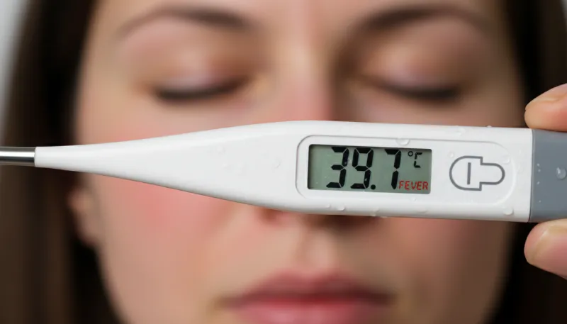 Gros plan sur un thermomètre numérique affichant une température corporelle élevée