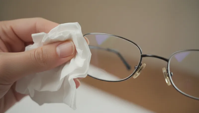Une photo en gros plan d'une main essuyant une lentille de lunettes avec un mouchoir en papier blanc