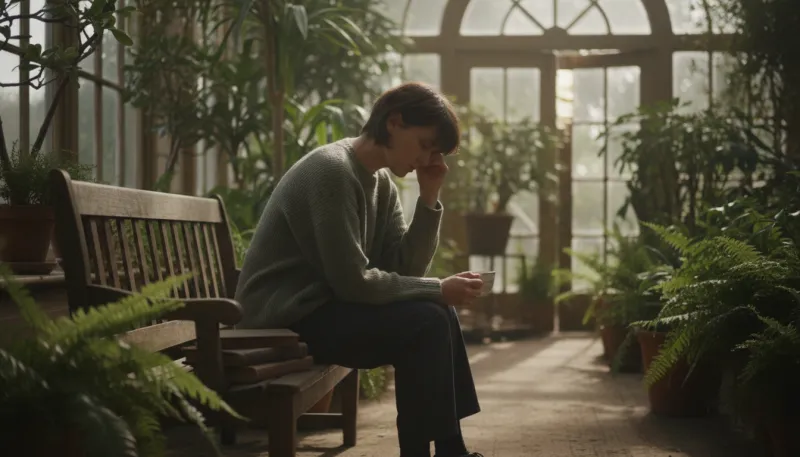 Une photo d'une personne assise seule, les épaules légèrement baissées, dans une ambiance calme et i
