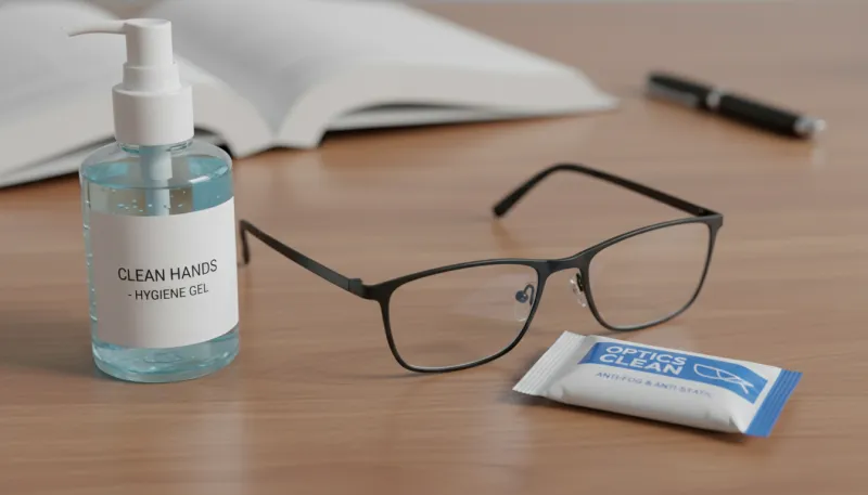 Gros plan sur une paire de lunettes posée à côté d'un flacon de désinfectant ou d'une lingette de ne