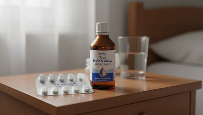 Une photo d'une bouteille de sirop pour la toux et d'une plaquette de comprimés anti-allergiques