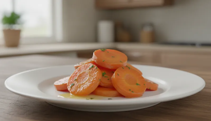 Une photo d'une petite portion de carottes cuites, coupées en rondelles, servies dans une assiette.