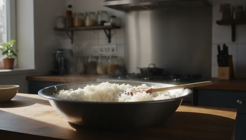 Une photo de riz cuit laissé à refroidir dans un grand récipient dans une cuisine