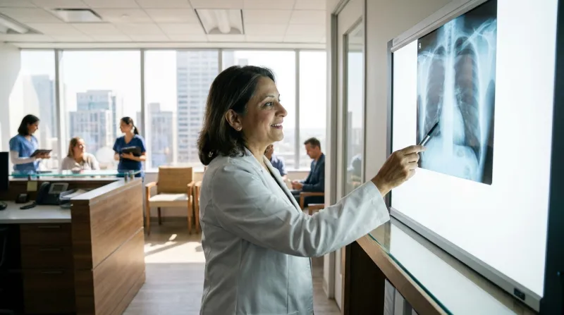 Photo réaliste d'une radio des poumons étudiées par un médecin. L'atmosphère est lumineuse et contem