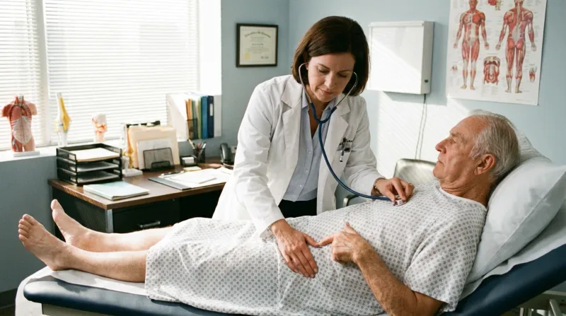 medecin qui ausculte un patient et lui palpe la zone au niveau de la hanche